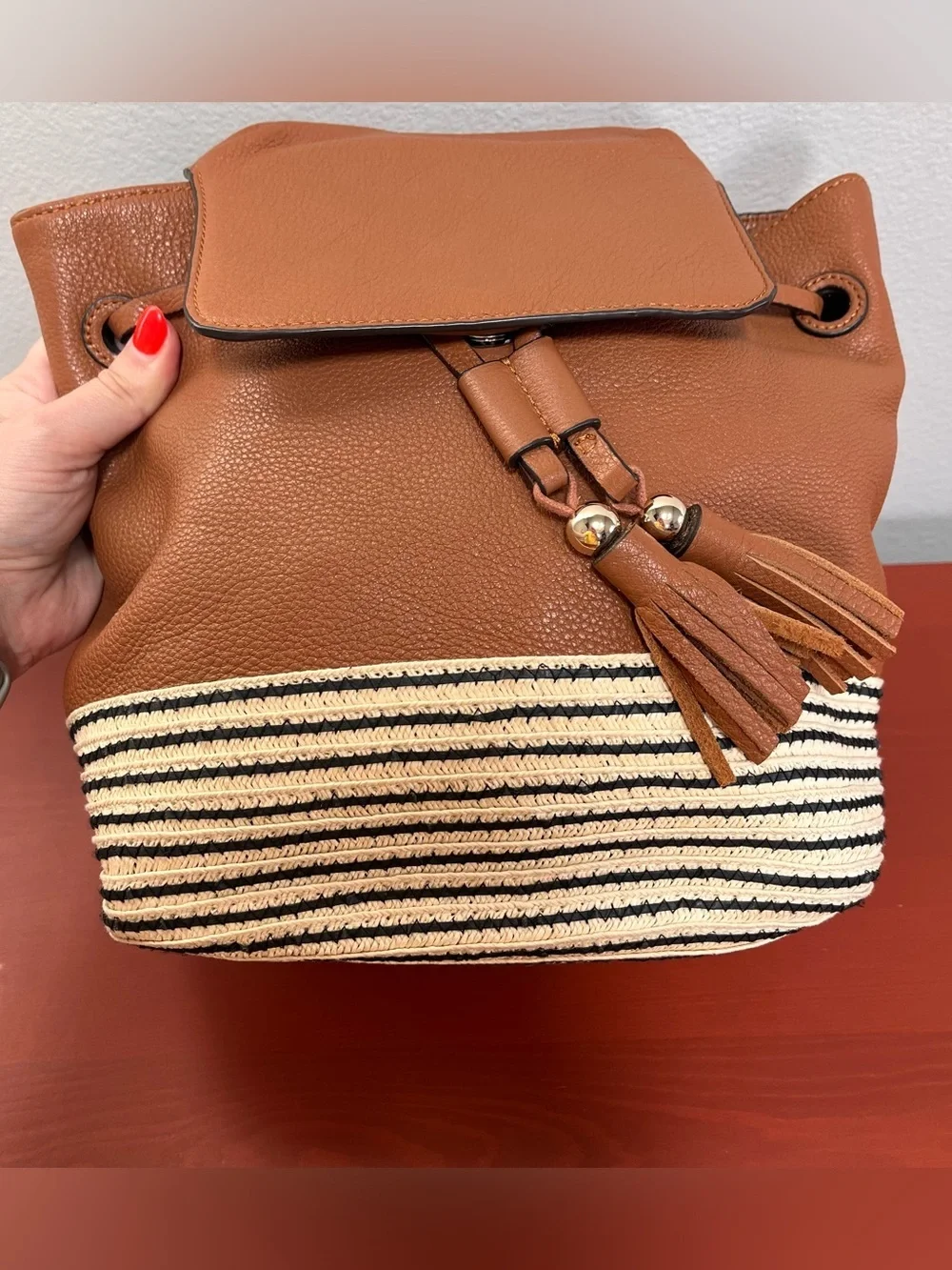 Rebecca Minkoff Cognac Brown Leather Raffia Backpack Purse Convertible Strap